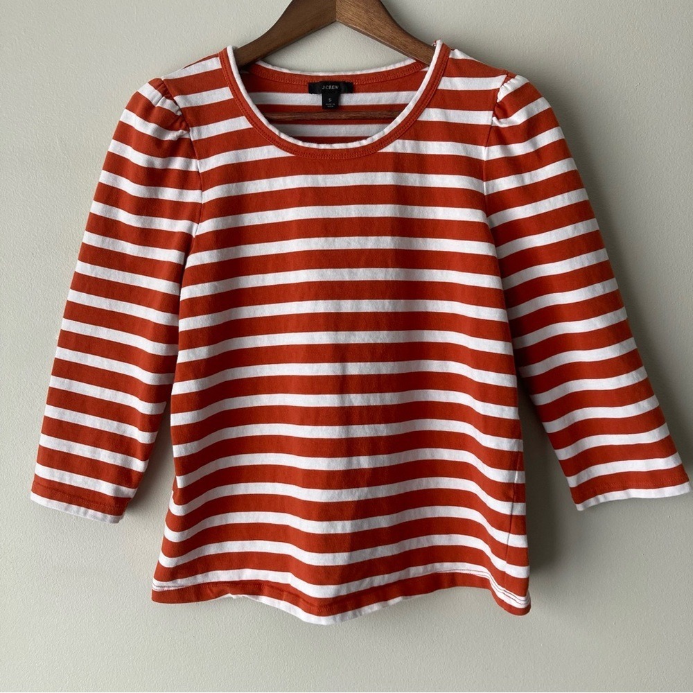 J.Crew Womens Orange White Striped Puff Sleeve Cotton Knit Top Small